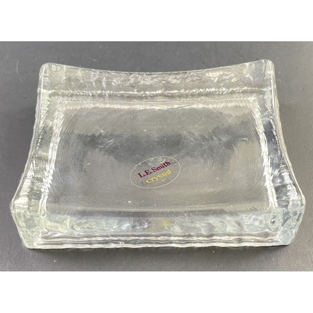 L E Smith Crystal Soap Dish Glass Counter Trinket Clear Thick Ice Vintage